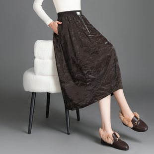 提花PU皮裙半身裙女2025新款秋冬中长高腰a字百褶裙显瘦花苞伞裙