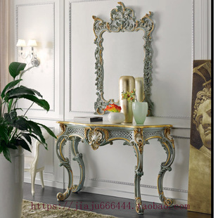 法式玄关柜金箔客厅欧式实木雕花门厅桌意大利宫廷蓝色玄关桌柜台
