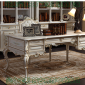 欧式 奢华老板桌台意大利真皮白色手绘电脑写字台桌 实木书桌椅法式
