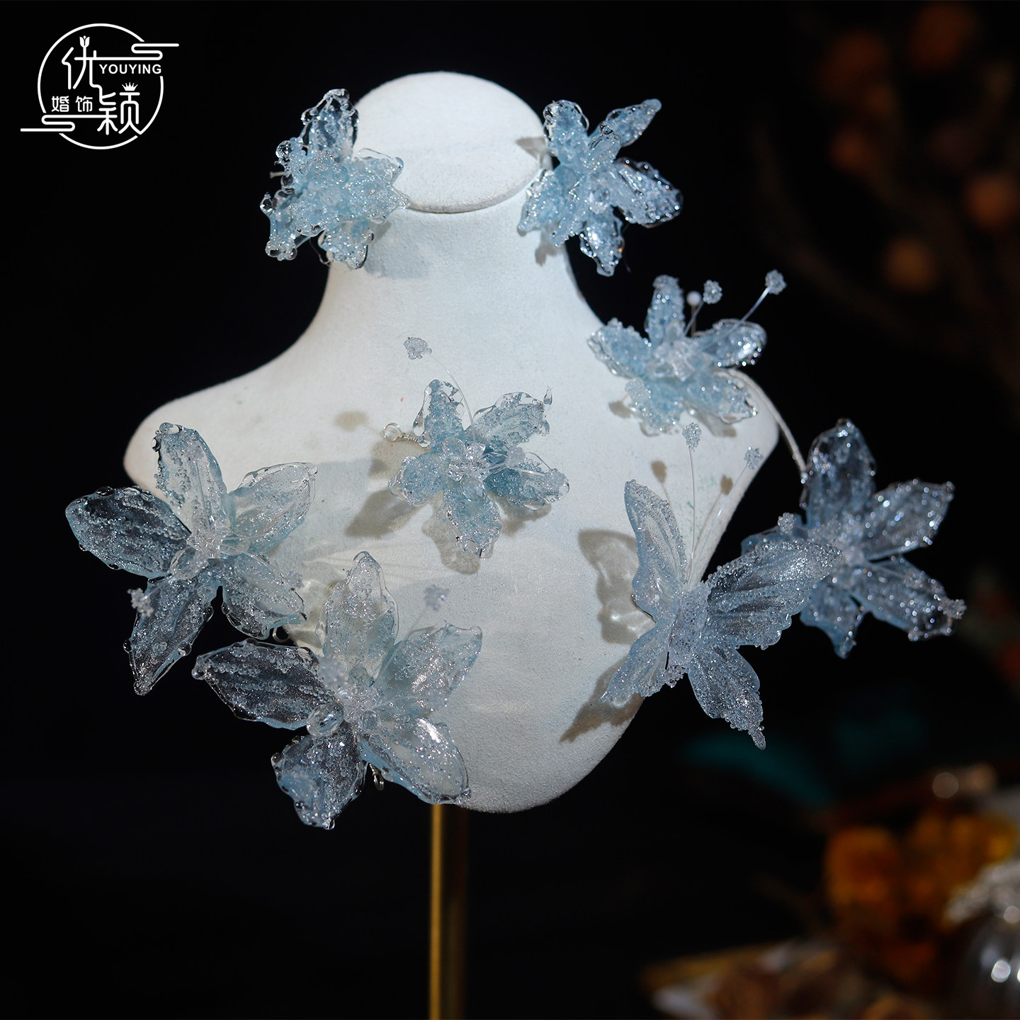 优颖闪亮蓝色水凝胶花朵发饰新娘婚纱晨袍晚礼服跟妆头饰气质配饰