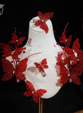 新款超仙红色白色花朵水晶蝴蝶羽毛发夹新娘结婚纱晚礼服造型配饰