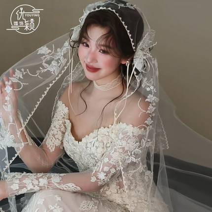 法式复古蕾丝头纱新娘头饰蝴蝶结法式婚纱礼服配饰领证拍照道具