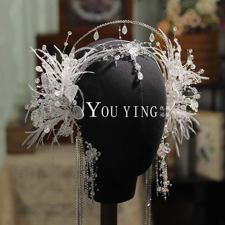 蕾丝花瓣羽毛水晶发冠灵动羽毛