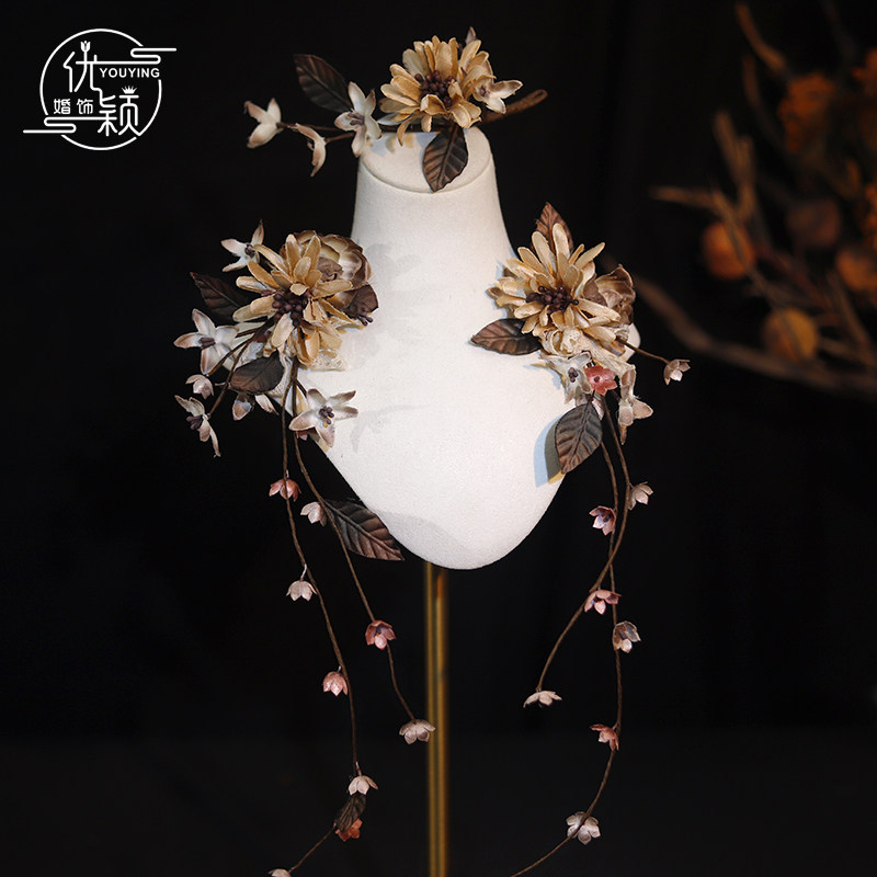 原创手作缎面花瓣铃兰藤曼新娘头饰森系复古写真礼服婚纱法式配饰