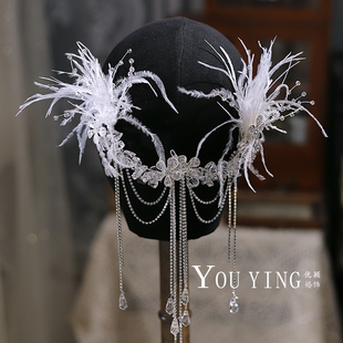 优颖新品仙女系灵气羽毛新娘耳挂闪钻流苏精灵风头花婚纱写真配饰