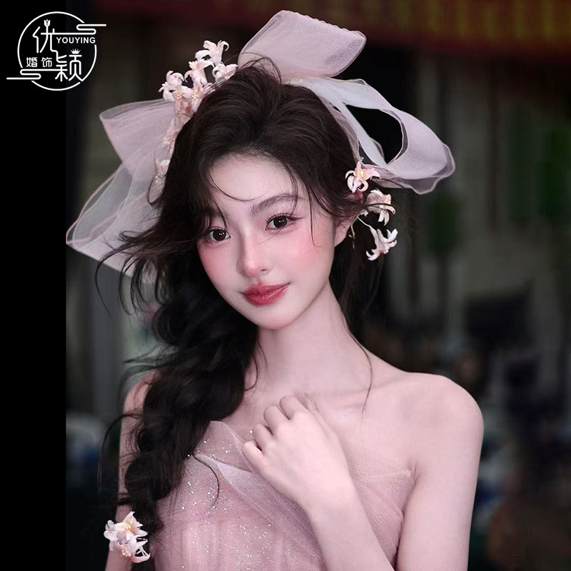 新款森系新娘头饰粉色花朵大蝴蝶结发夹婚纱摄影结婚减龄造型配饰