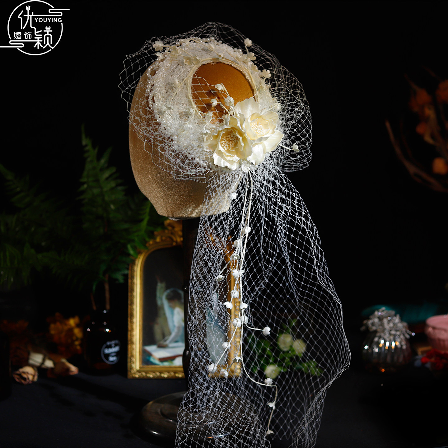 优颖新款新娘复古礼帽法式蕾丝花朵珍珠流苏发帽婚纱礼服氛围感