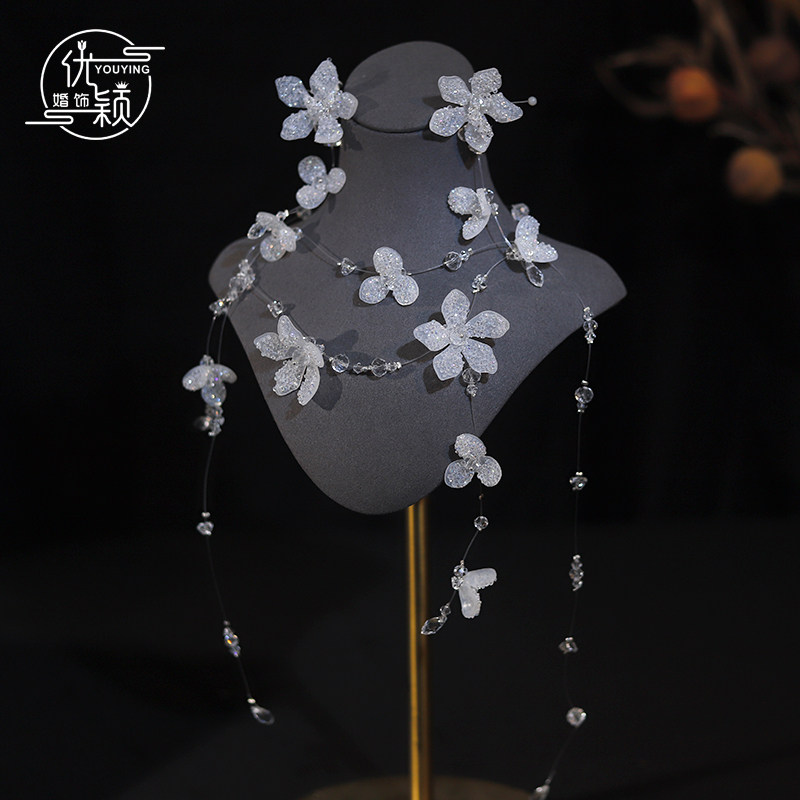 优颖新款透明水凝立体碎钻花朵流苏仙气新娘水晶串珠项链耳夹套装