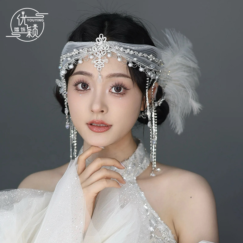优颖重工款手工串珠透明纱发带异域公主额饰流苏仙气婚纱新娘头饰