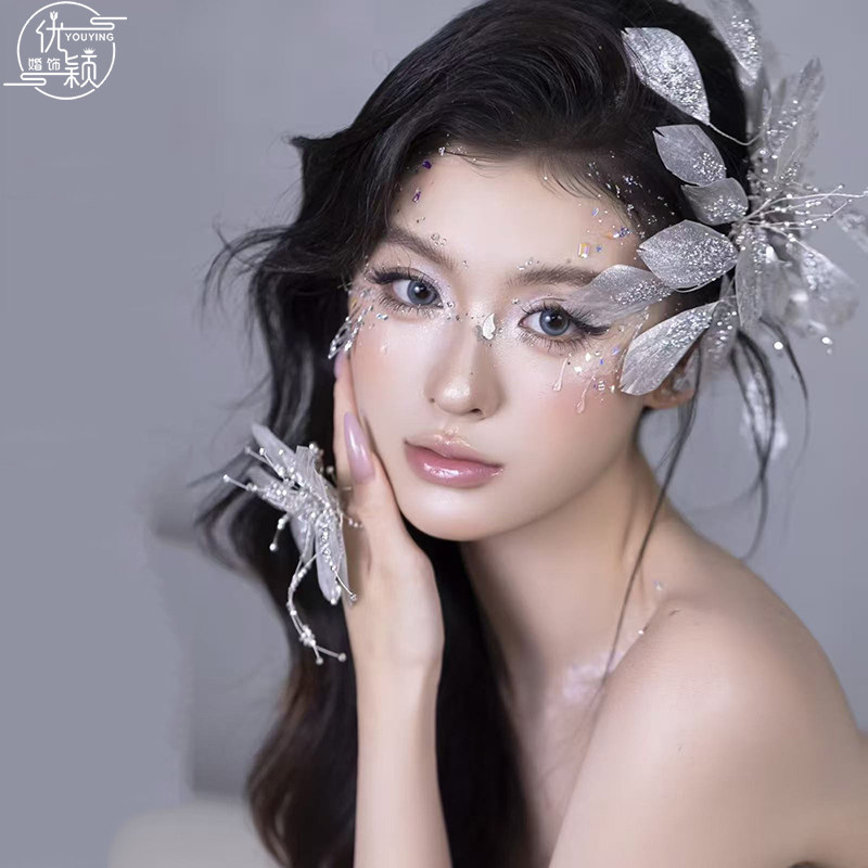 新款银色爆闪羽毛头饰对夹头花套装婚纱发饰晚宴造型饰品婚纱礼服