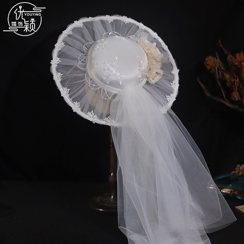 法式优雅头纱花朵仙美新娘礼帽连纱头饰外景婚纱照影楼旅拍帽子女
