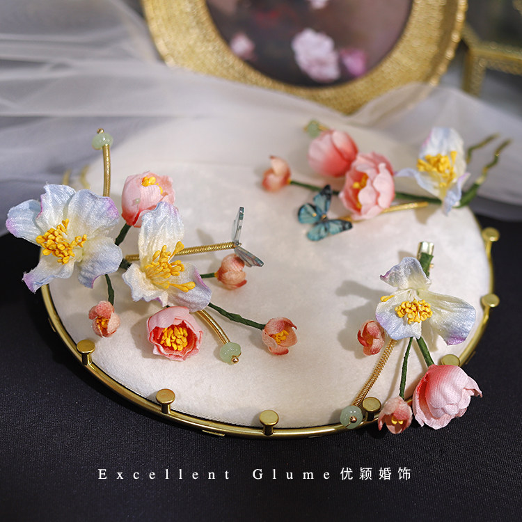 仿古甜美渐变粉蓝色绒花蝴蝶发簪
