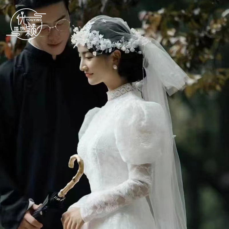 优颖原创法式复古铃兰花瓣帽式头纱新娘结婚白纱礼服旅拍跟妆饰品