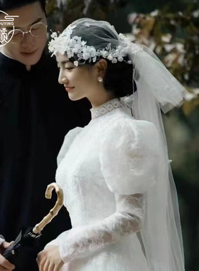 优颖原创法式复古铃兰花瓣帽式头纱新娘结婚白纱礼服旅拍跟妆饰品