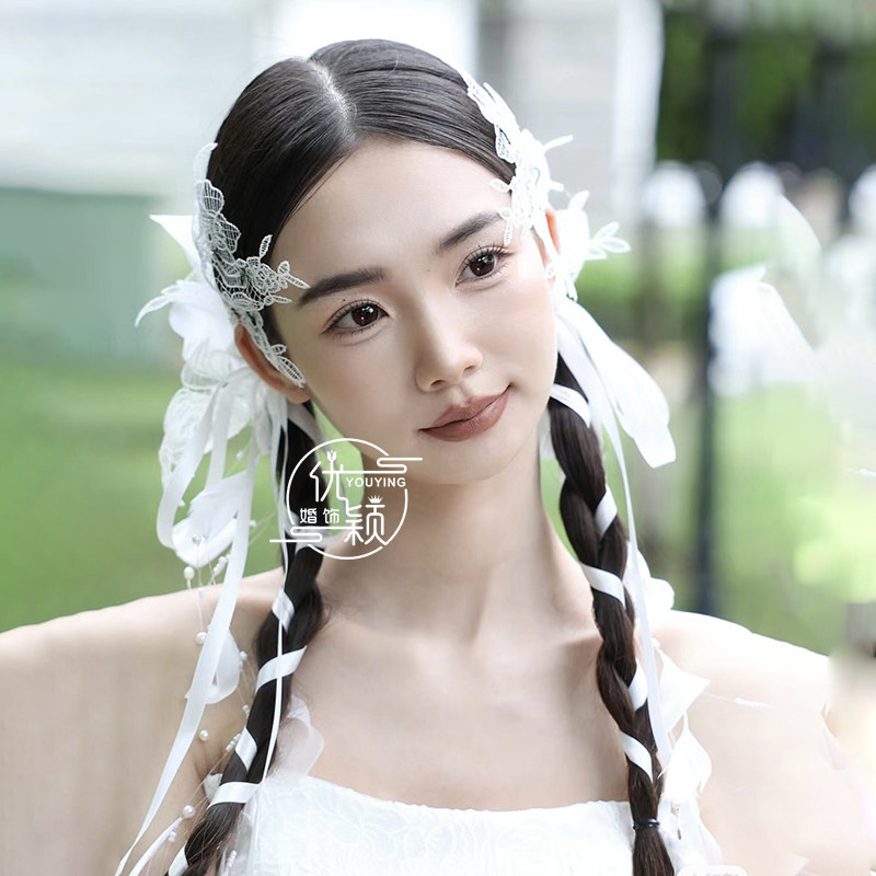 优颖森系少女氛围感蕾丝蝴蝶结飘带头饰新娘绢花羽毛串珠流苏发夹