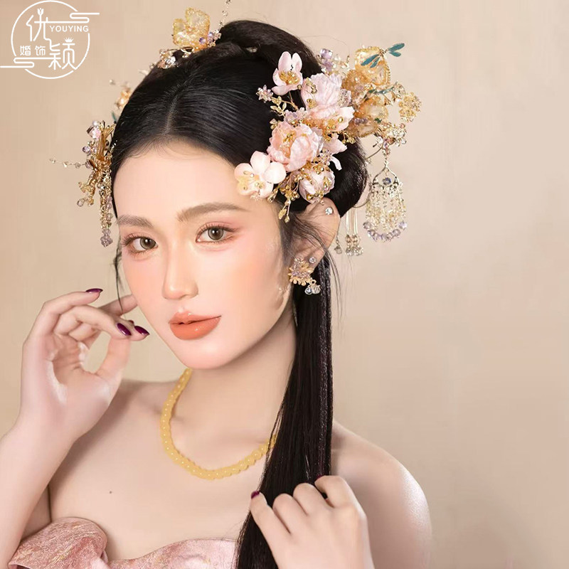 新款新娘超仙头饰中式香槟粉甜美减龄高级感龙凤褂晨袍造型发饰