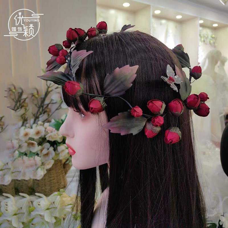 优颖原创复古枯叶红玫瑰花苞藤曼花环新娘结婚婚纱拍摄写真头饰品
