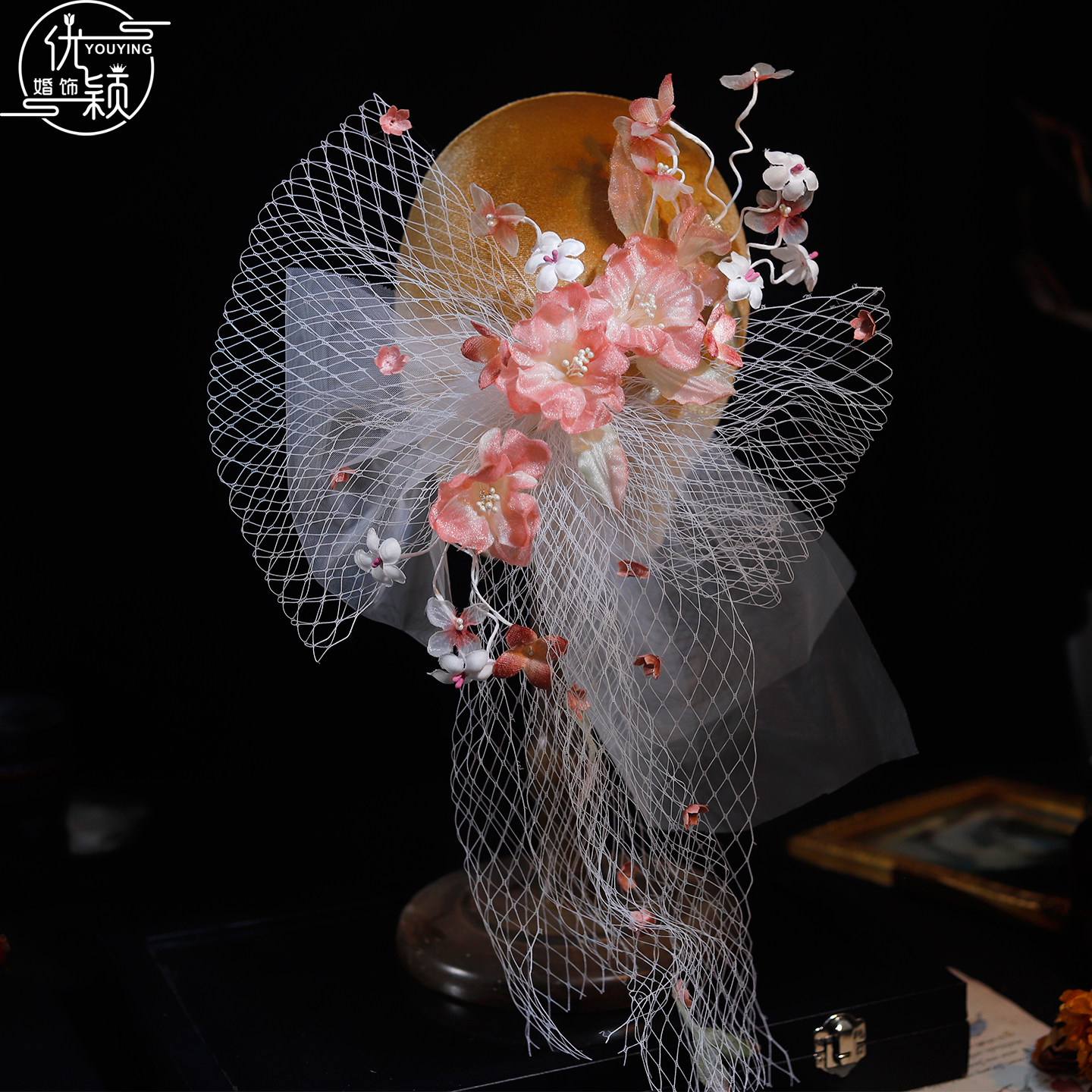 优颖新娘甜美粉色花朵网纱顶夹超仙森系复古婚纱拍照氛围感发饰