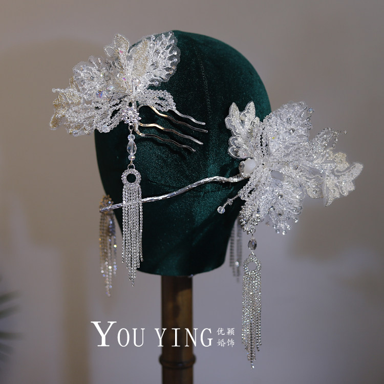 优颖新中式手工白色蕾丝花瓣新娘盘发头饰国风发簪秀禾古典配饰品