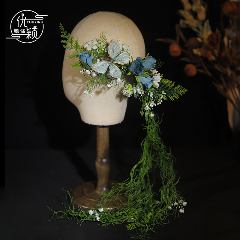 优颖森系新款精灵蝴蝶花朵绿植流苏新娘头饰外景仙气婚纱写真头饰