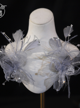 优颖烟灰色绢纱羽毛闪粉花瓣发夹新娘婚纱礼服头饰写真百搭发饰品