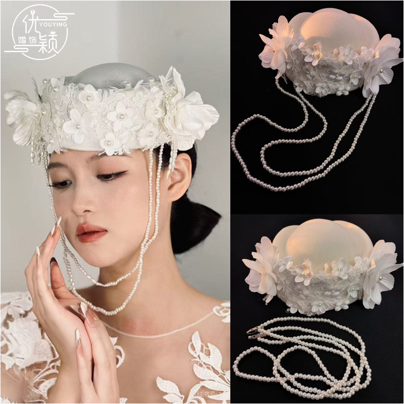 优颖缎面复古珍珠链纱帽婚纱礼服头饰时尚派对秀场发饰写真饰品