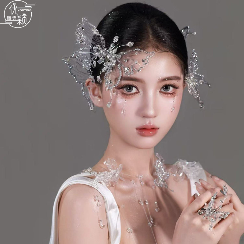 优颖新娘蝴蝶发饰碎钻珍珠头饰婚纱礼服配饰小众设计高级感氛围感