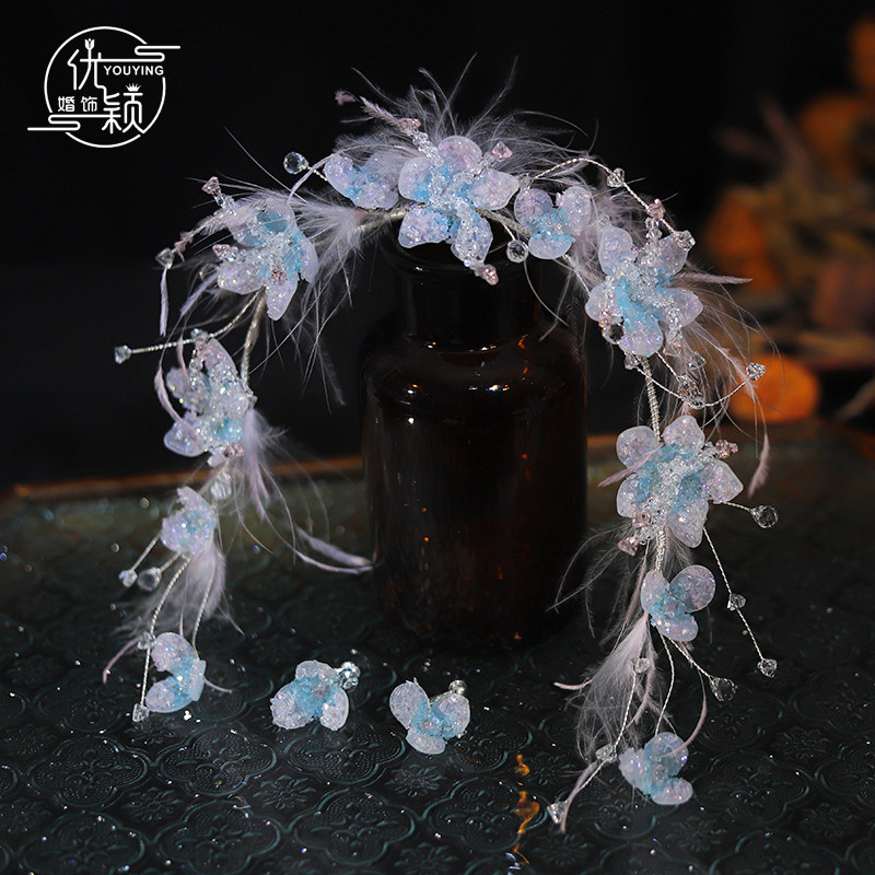 仙美水晶渐变蓝粉色花朵新娘发饰羽毛发带高级婚纱造型礼服配饰品