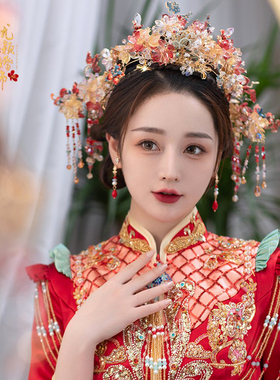 2023新款红蓝色撞色复古中式唯美秀禾服造型头饰凤冠大气端庄饰品