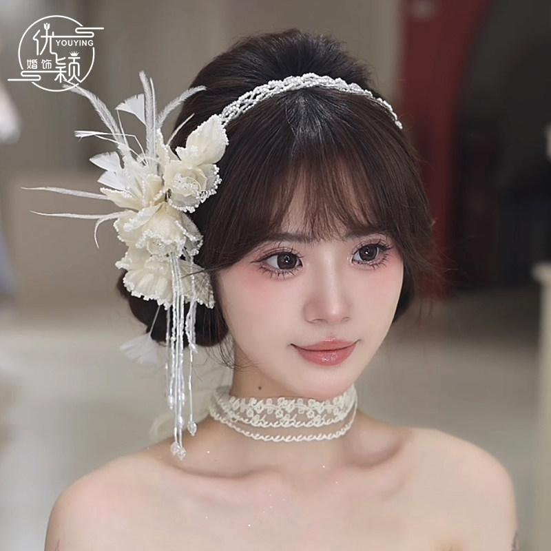 优颖甜美香槟花朵串珠法式盖茨比额饰新娘发带婚纱晨袍千金风头饰