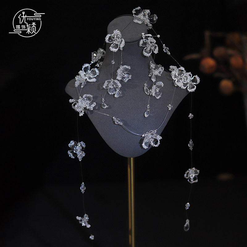 优颖新款透明水凝立体碎钻花朵流苏仙气新娘水晶串珠项链耳夹套装