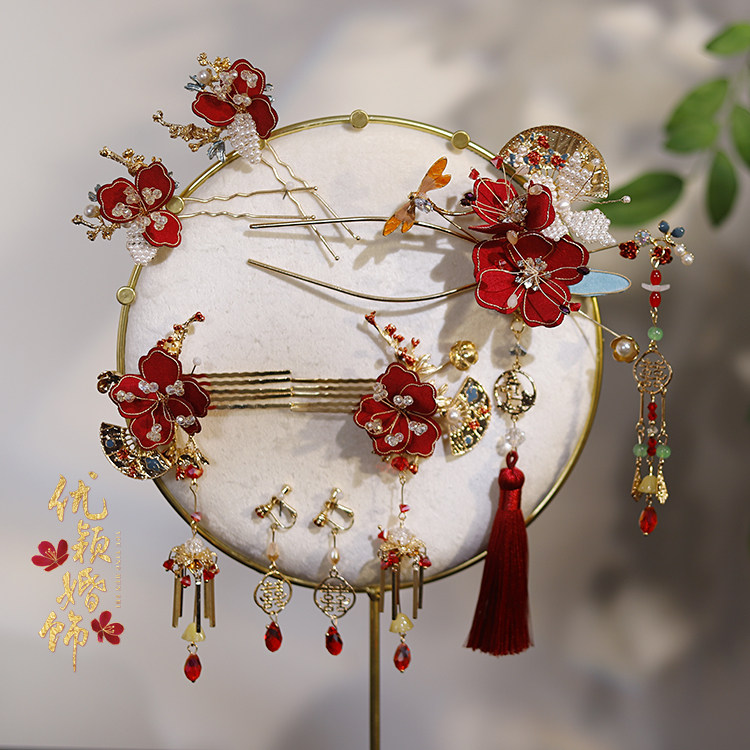 中式头饰红色花朵流苏盘发簪