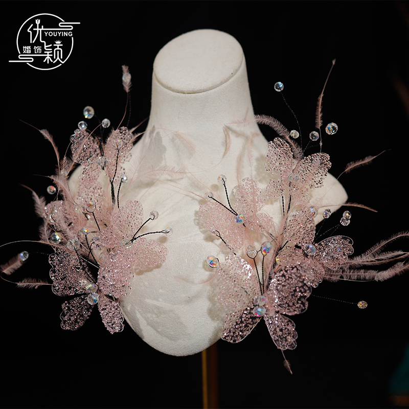 优颖新款粉色水晶蝴蝶羽毛发夹