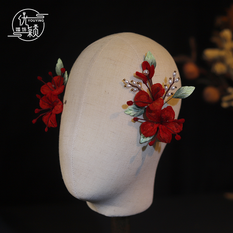 原创新娘酒红绒花边夹头饰秀禾服龙凤褂汉服旗袍古风侧边叠加发饰