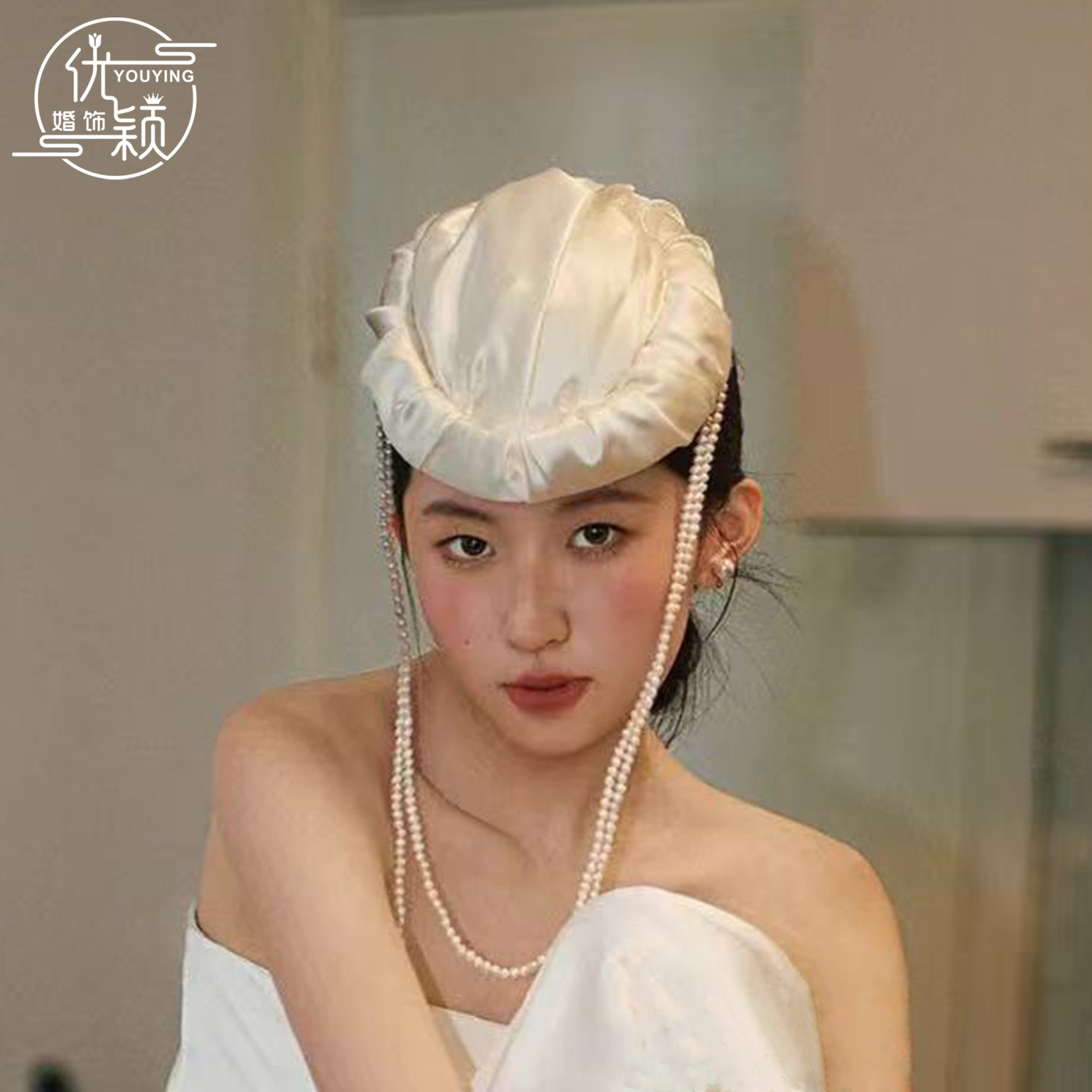 法式复古珍珠礼帽新娘婚纱礼服