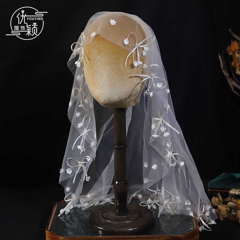 原创铃兰花水晶蝴蝶结头纱新娘结婚法式复古森系减龄婚纱礼服配饰
