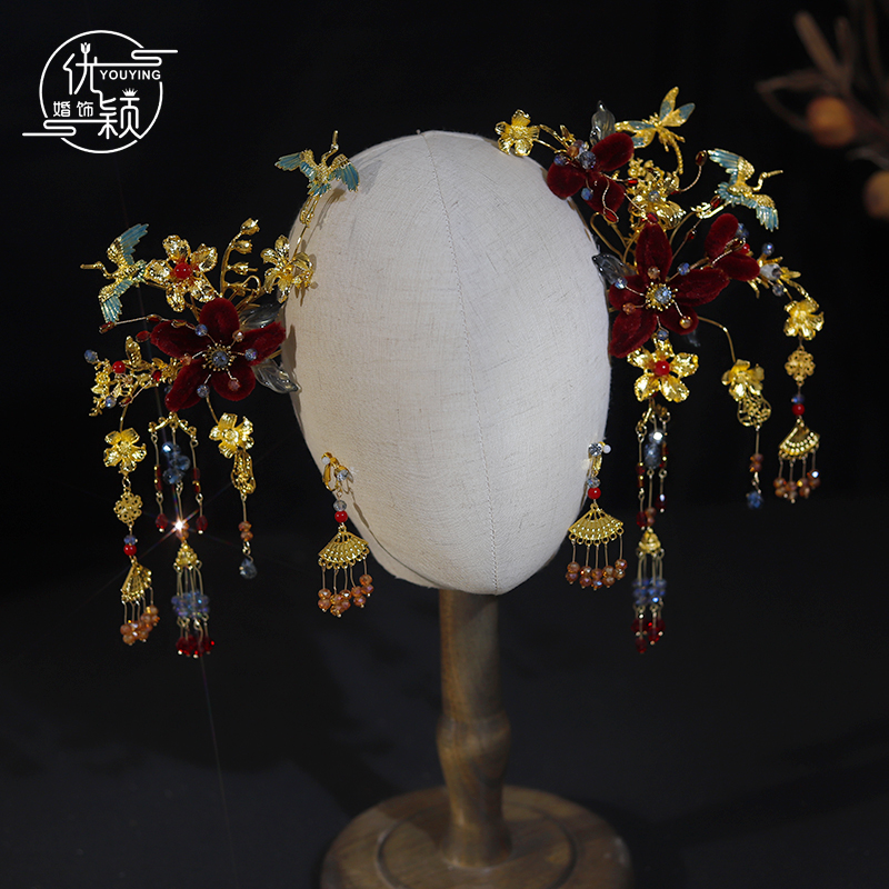 中式秀禾头饰新娘龙凤褂绒花步摇发簪2024新款古典婚礼古装发饰品
