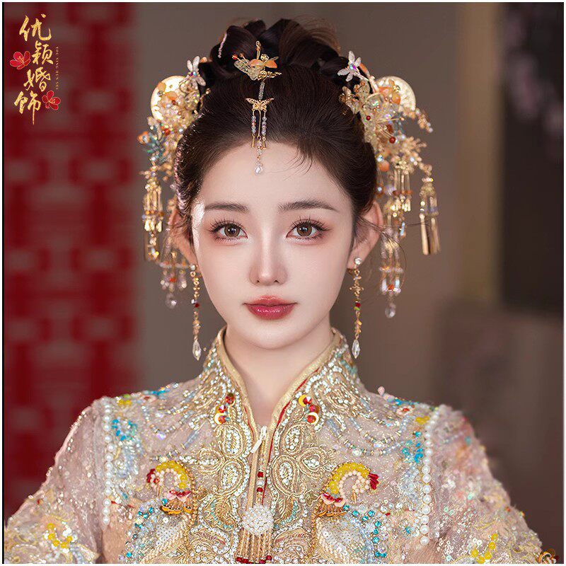 液花朵盘发流苏发簪国风婚礼发饰