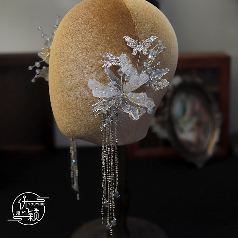 优颖轻奢水晶优雅梦幻水钻流苏新娘头结婚饰发夹盘发造型摄影写真