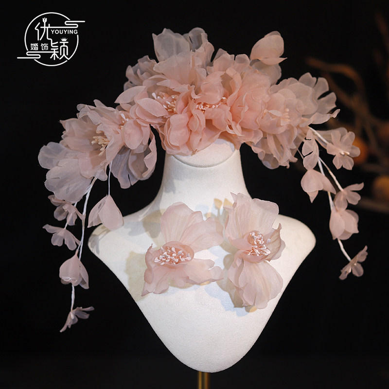 优颖甜美玉粉色绢纱烫花头饰发夹减龄新娘头花日婚纱写真造型发饰