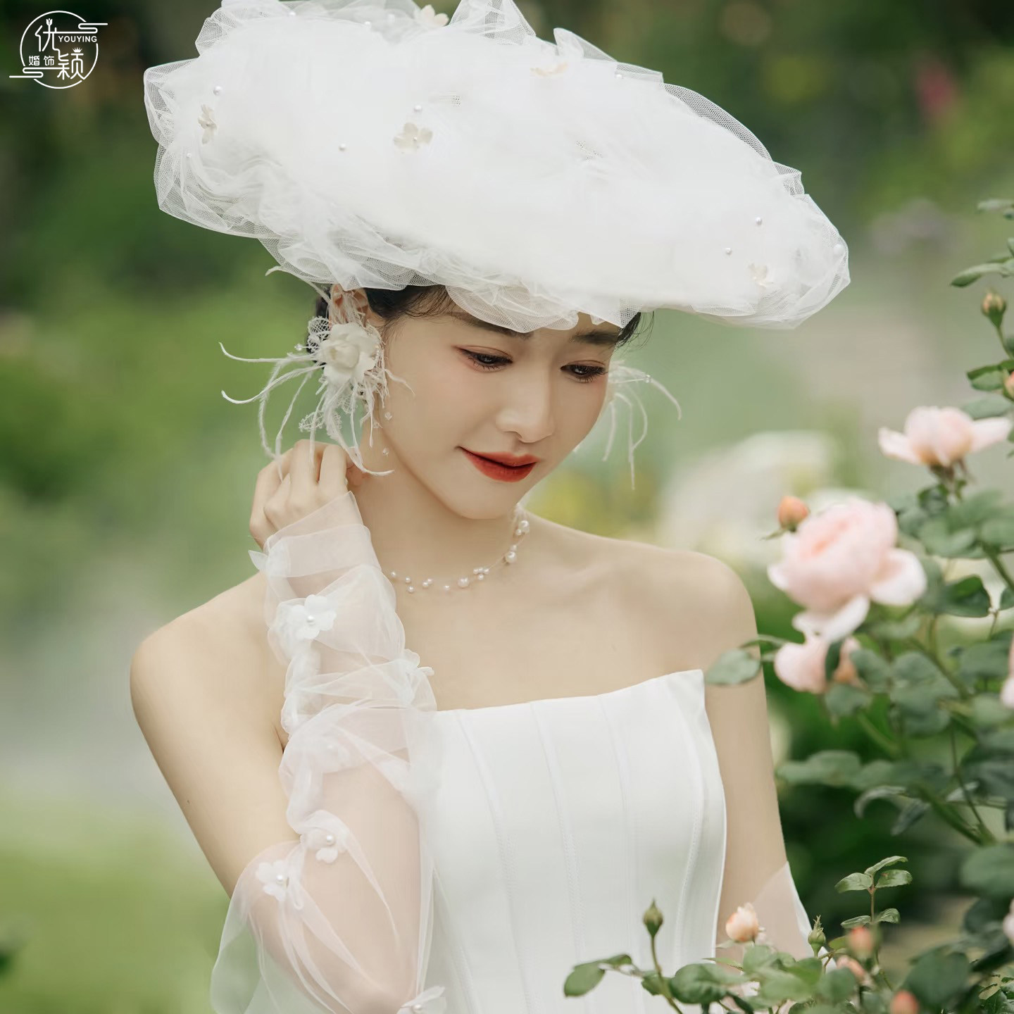 优颖云朵蓬蓬纱小碎花礼帽婚礼拍照手工花朵装饰浪漫甜美新娘帽子