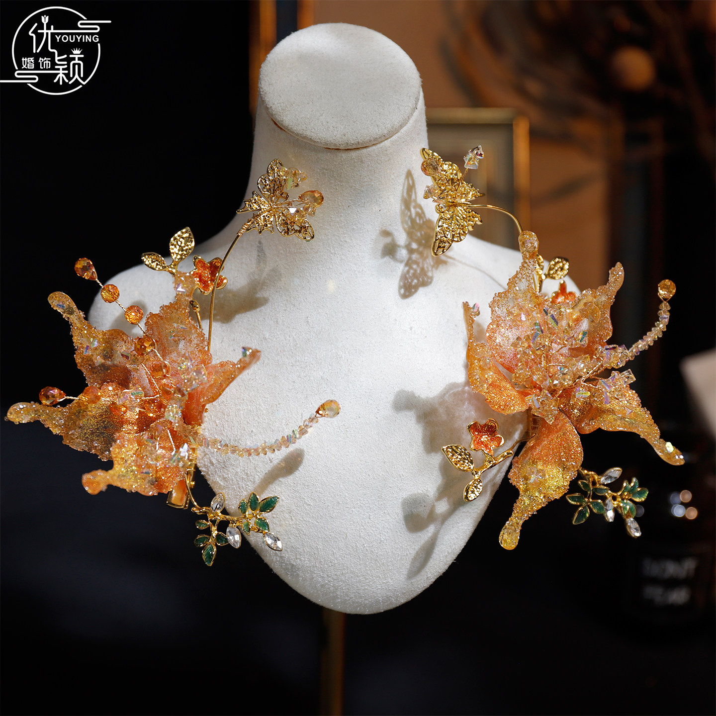 优颖新款重工金色花朵发夹新娘头饰高级感水晶珍珠对夹结婚发饰