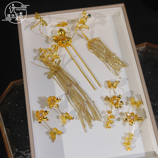 优颖新款中式头饰秀禾服龙凤褂金色花朵D减龄发簪发饰古典婚礼