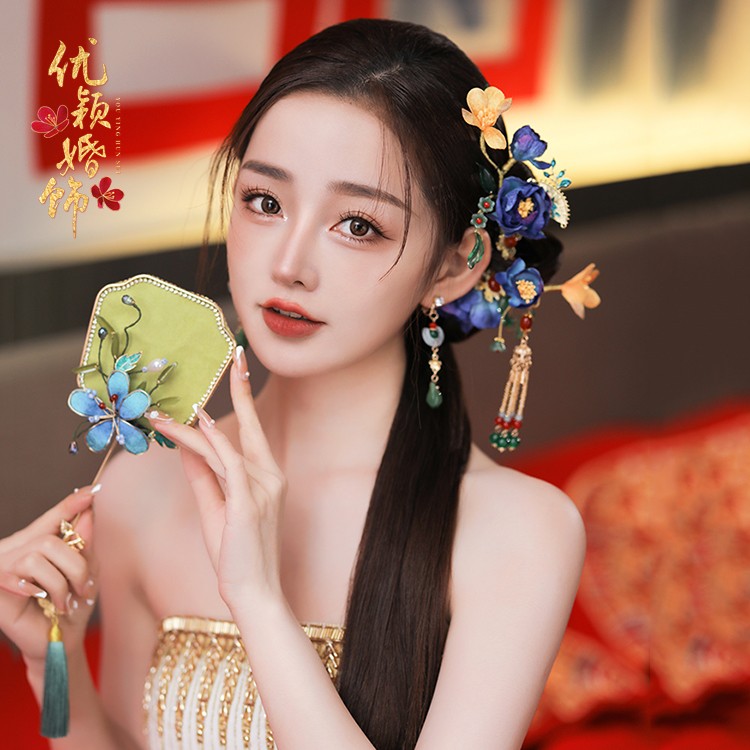 中式蓝色丝绒花瓣流苏发钗古典