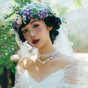 森系蝴蝶紫色葡萄新娘花环头饰女婚纱礼服漫画风影楼写真拍照配饰