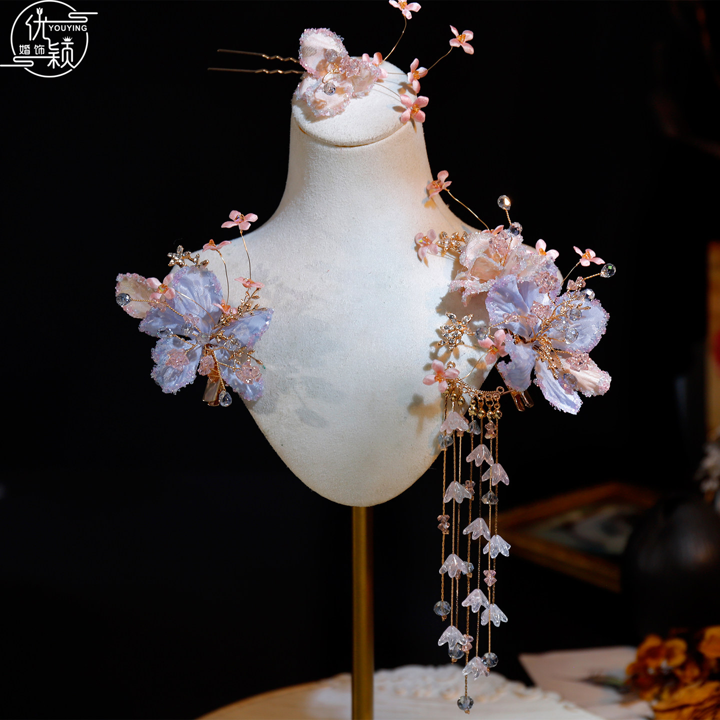 优颖新款古风花朵发夹新娘水晶头饰流苏秀禾婚纱礼服发饰仙女配饰