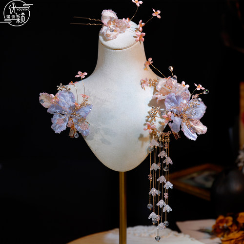 优颖新款古风花朵发夹新娘水晶头饰流苏秀禾婚纱礼服发饰仙女配饰