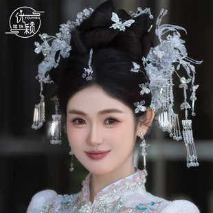 优颖新款新娘头饰浅蓝系水晶发钗简约大气高级感秀禾服发饰新中式