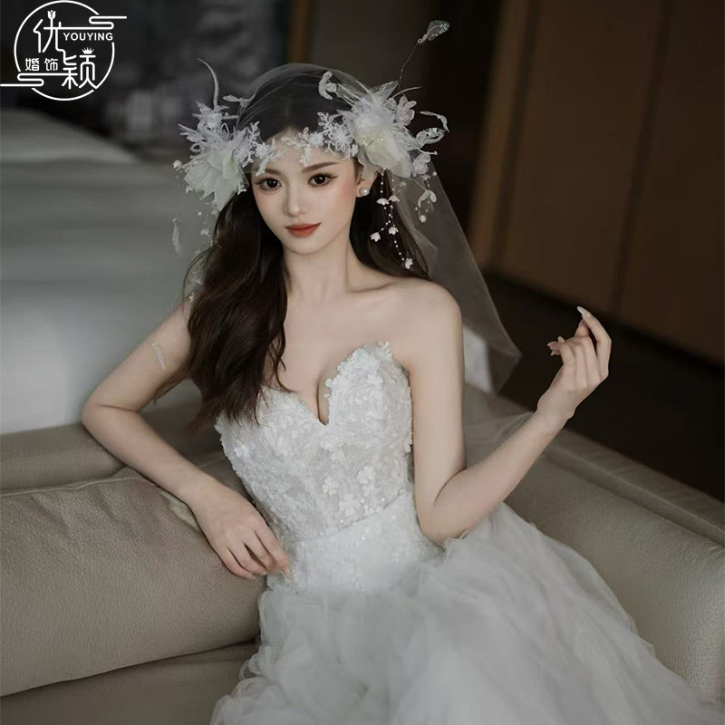 新款法式超仙新娘蕾丝铃兰花朵流苏头纱婚纱礼服婚庆旅拍造型配饰
