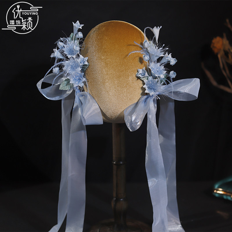 优颖新款新娘头饰森系蓝色羽毛蝴蝶结飘带发夹婚纱晨袍跟妆配饰